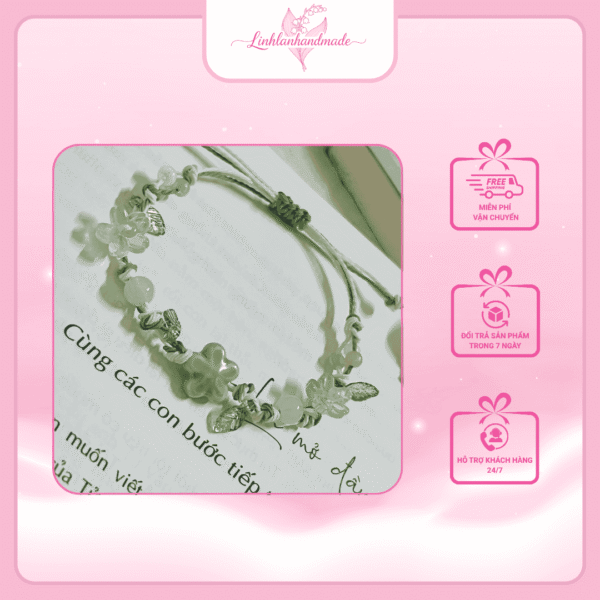 Vòngtay dây rút hoa gốm mix hạt acrylic màu xanh lá
